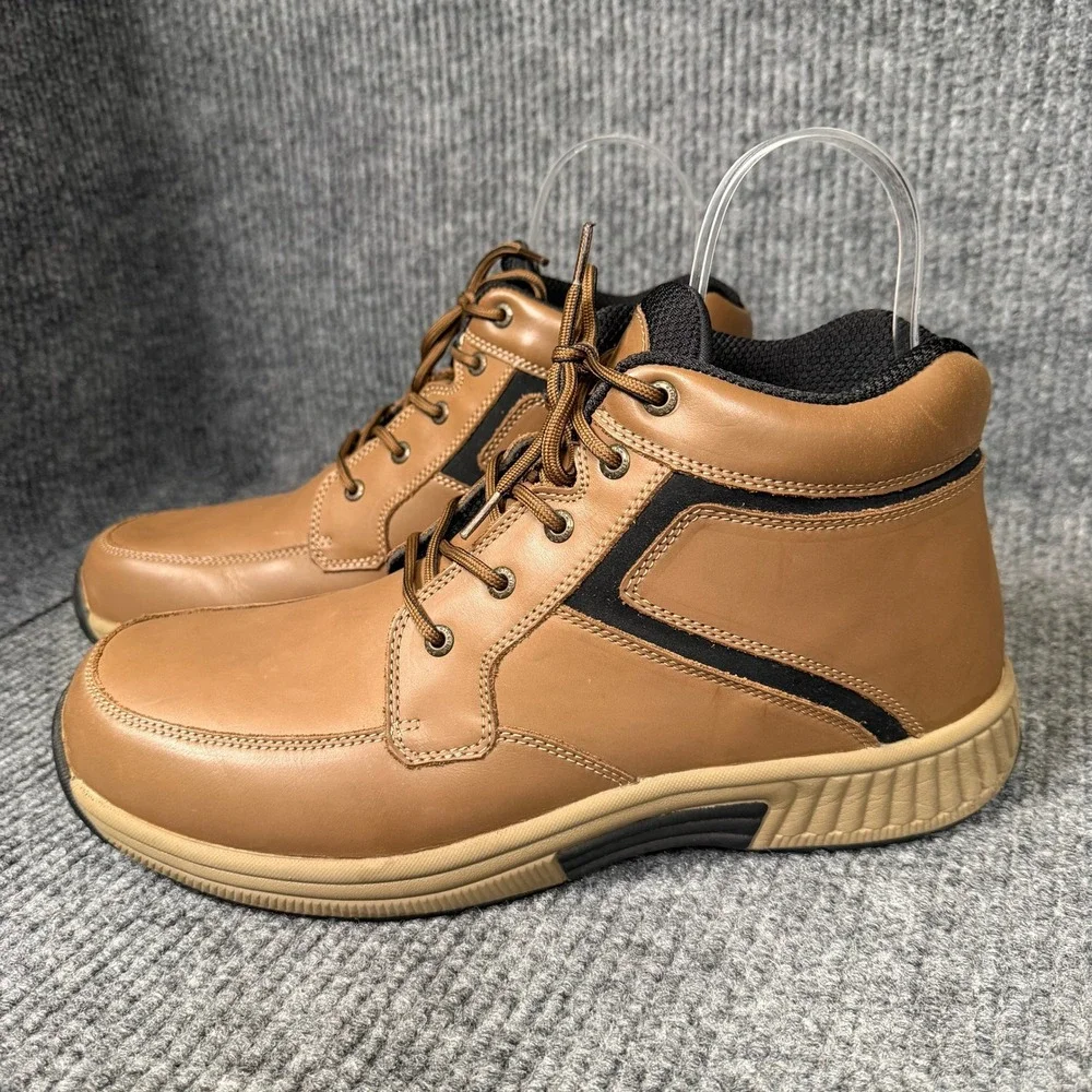 Orthofeet Men's 13D Leather Work Boots Brown Comfort Orthopedic Lace Up Rugged